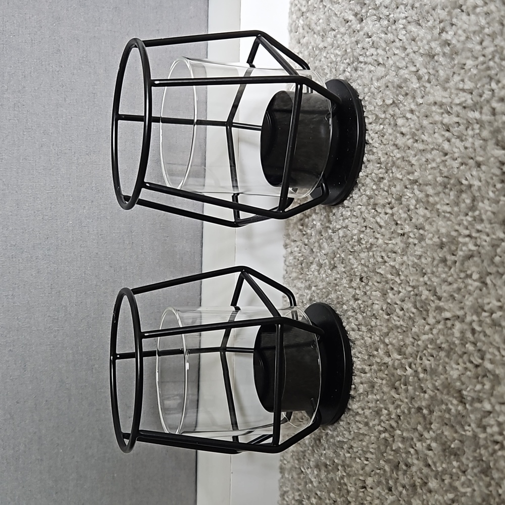 2 black geometric candle holders